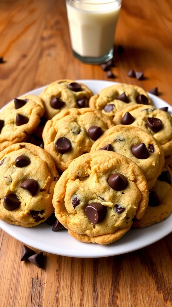A plate of golden brown chocolate chip cookies with melting chocolate chips, served on a rustic wooden table with milk.